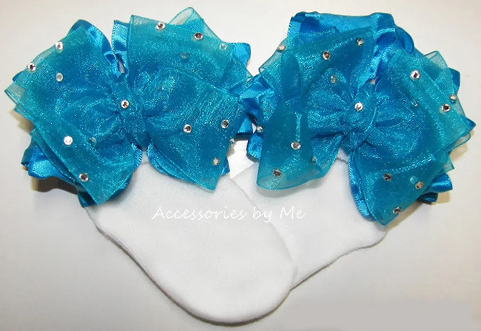 Glitzy Turquoise Blue Organza Ruffle Bow Socks