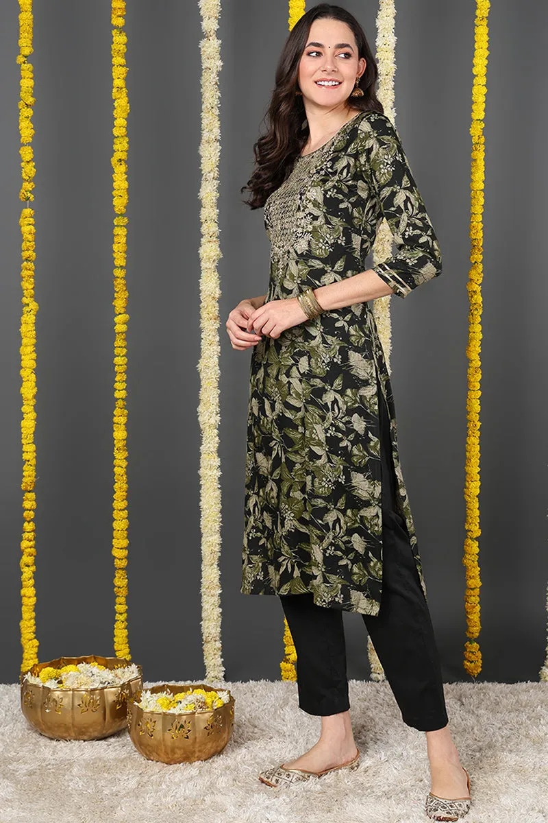 Green Silk Blend Floral Printed Straight Kurta