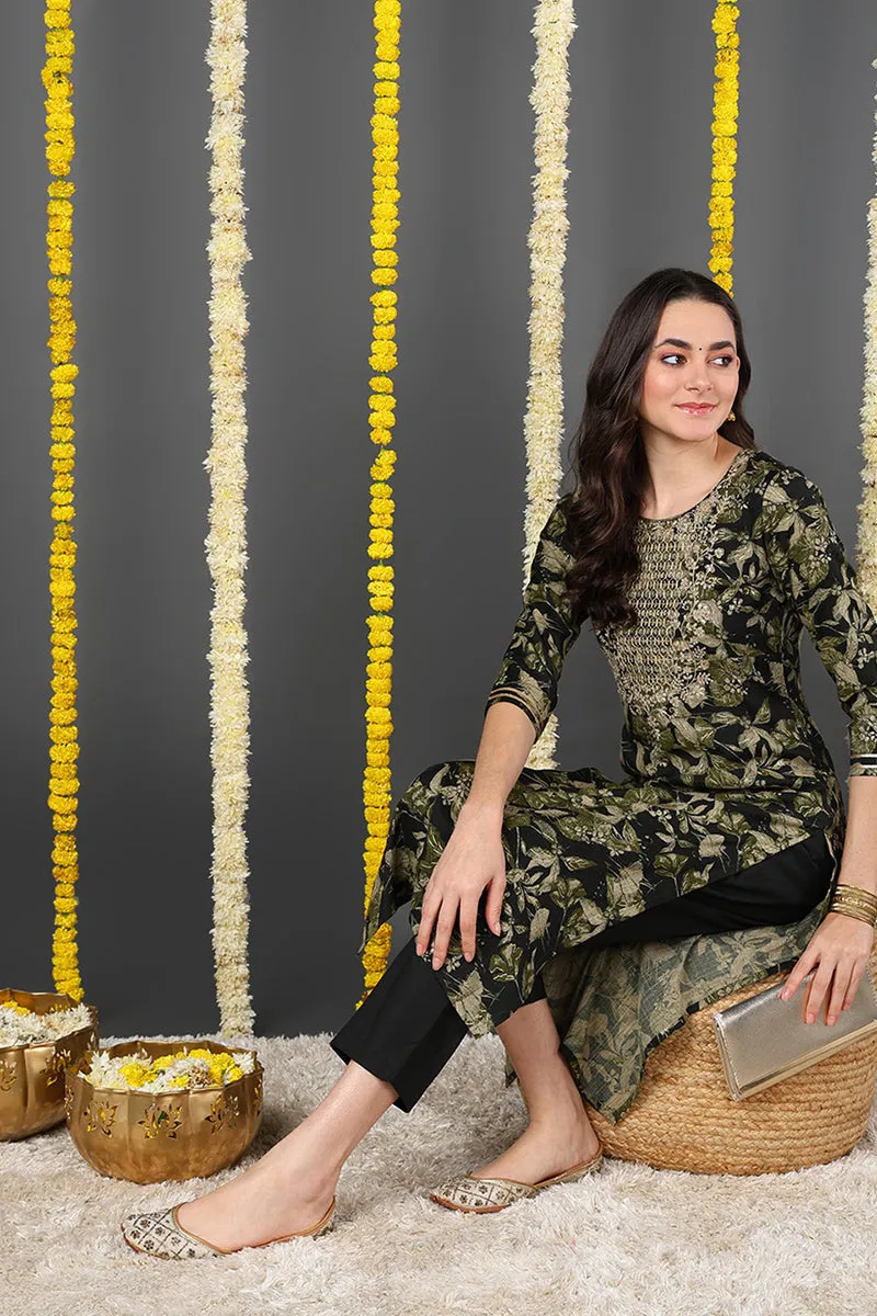 Green Silk Blend Floral Printed Straight Kurta