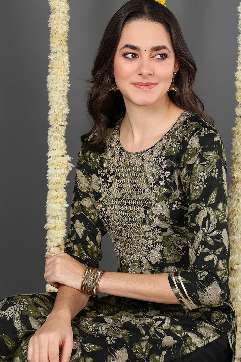 Green Silk Blend Floral Printed Straight Kurta