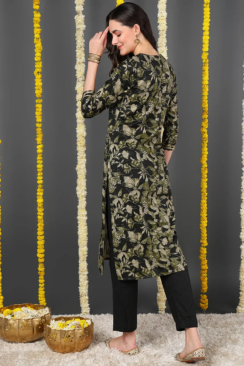 Green Silk Blend Floral Printed Straight Kurta