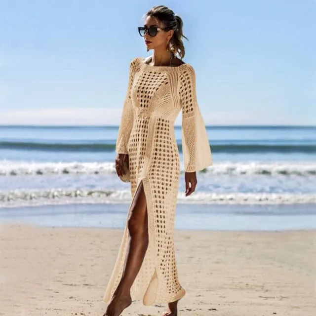 Knitted Beach Dress Beach Cover up Crochet Tunic Beach Pareo Beach Praia Cover Salida de Playa Beachwear Cover up