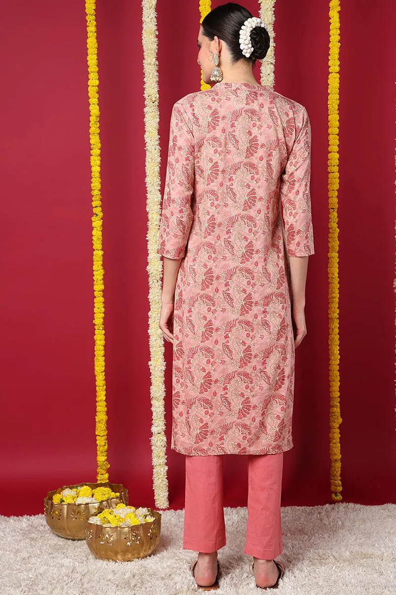 Peach Viscose Rayon Floral Printed Straight Kurta