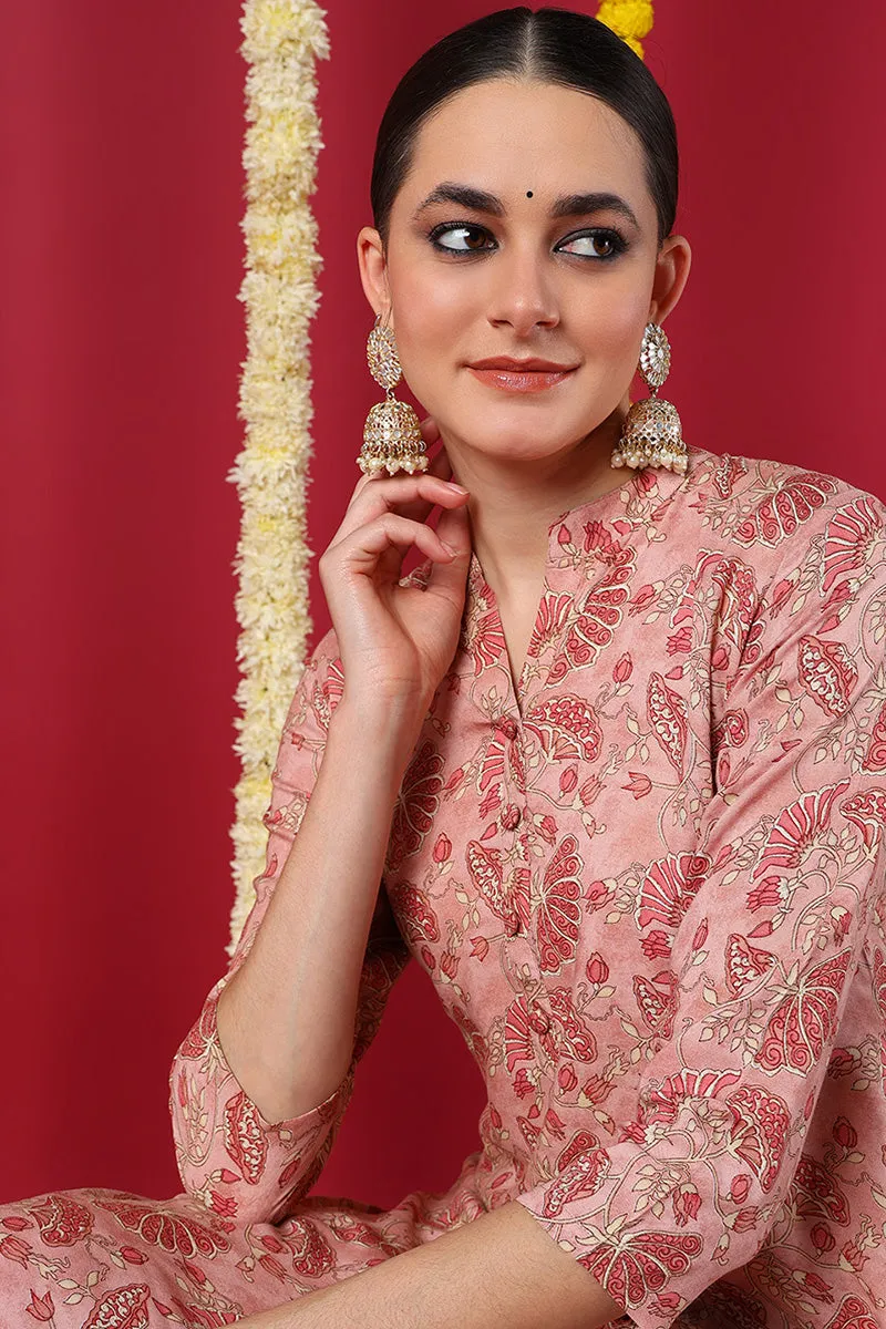 Peach Viscose Rayon Floral Printed Straight Kurta
