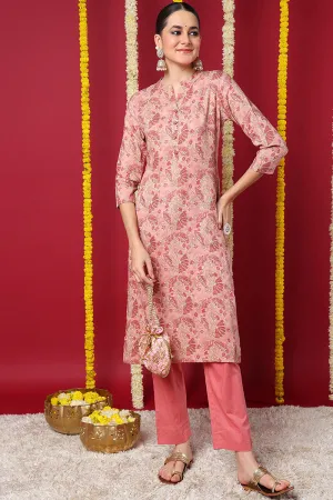 Peach Viscose Rayon Floral Printed Straight Kurta