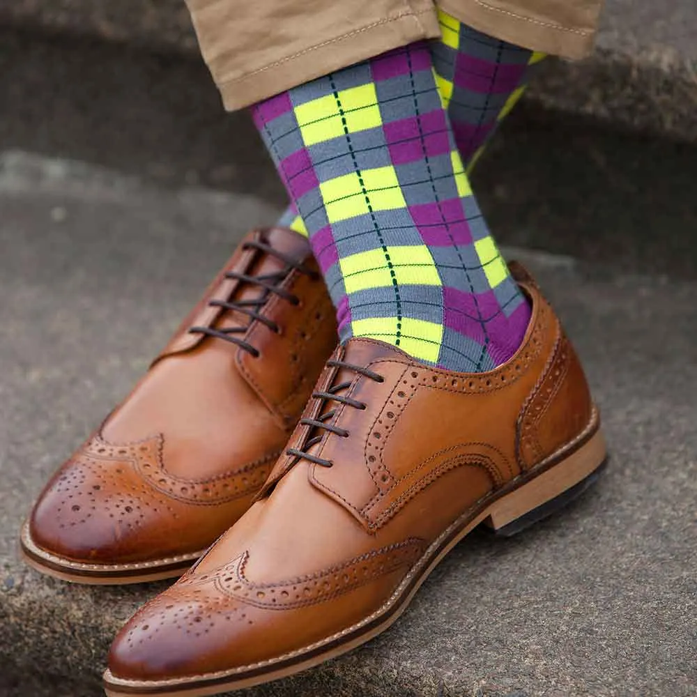 PEPER HAROW Checkmate Men's Luxury Cotton Socks - Purple and Yellow