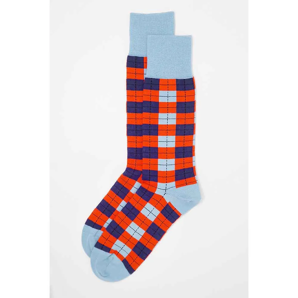 PEPER HAROW Checkmate Men's Luxury Cotton Socks - Sky Blue and Orange