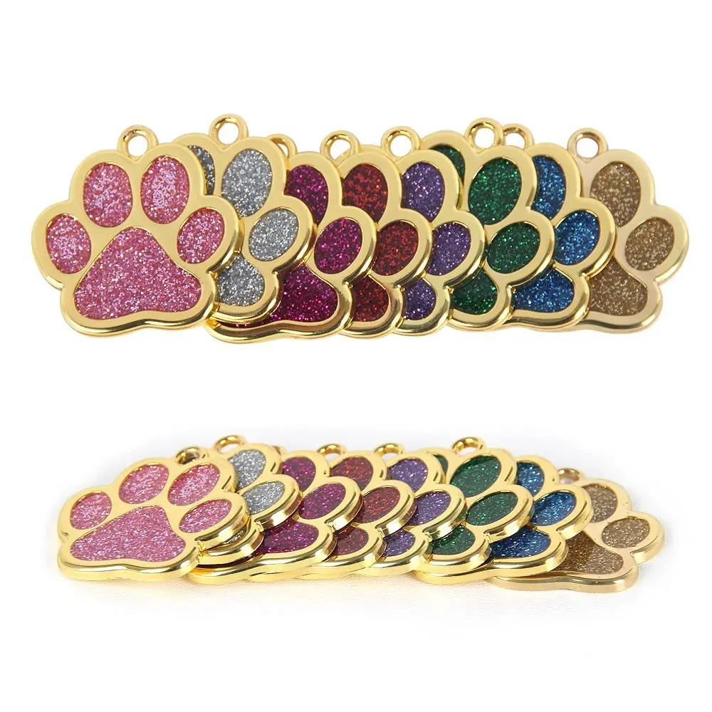 Personalized Pet ID Collar Tags - Custom Engraved Cat & Dog Name Necklace with Gold Paw Glitter Pendant