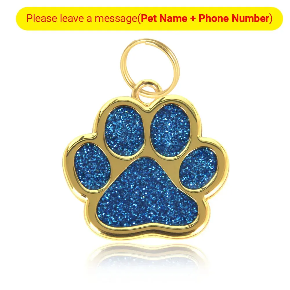 Personalized Pet ID Collar Tags - Custom Engraved Cat & Dog Name Necklace with Gold Paw Glitter Pendant