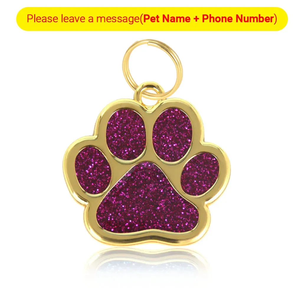 Personalized Pet ID Collar Tags - Custom Engraved Cat & Dog Name Necklace with Gold Paw Glitter Pendant
