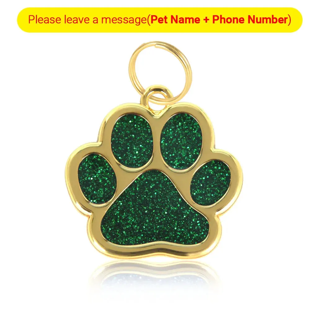 Personalized Pet ID Collar Tags - Custom Engraved Cat & Dog Name Necklace with Gold Paw Glitter Pendant