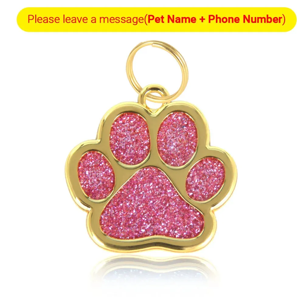 Personalized Pet ID Collar Tags - Custom Engraved Cat & Dog Name Necklace with Gold Paw Glitter Pendant