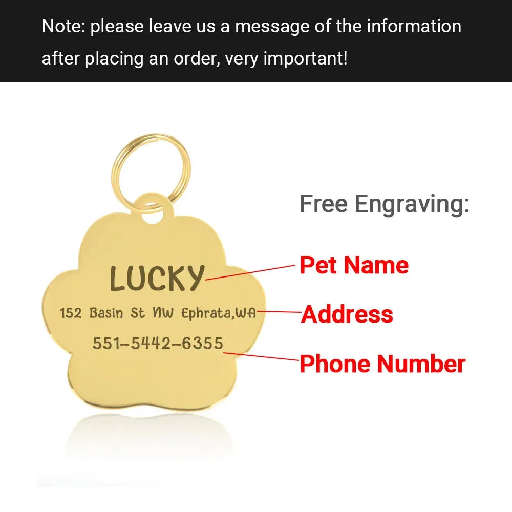 Personalized Pet ID Collar Tags - Custom Engraved Cat & Dog Name Necklace with Gold Paw Glitter Pendant
