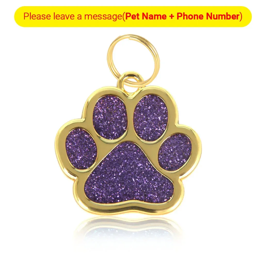 Personalized Pet ID Collar Tags - Custom Engraved Cat & Dog Name Necklace with Gold Paw Glitter Pendant