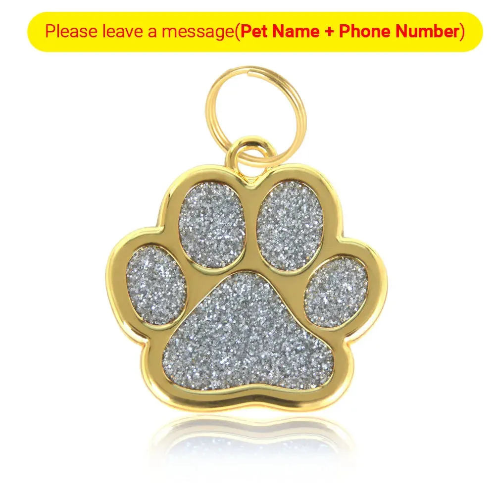Personalized Pet ID Collar Tags - Custom Engraved Cat & Dog Name Necklace with Gold Paw Glitter Pendant