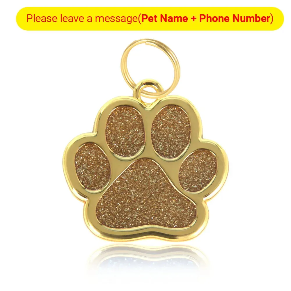 Personalized Pet ID Collar Tags - Custom Engraved Cat & Dog Name Necklace with Gold Paw Glitter Pendant