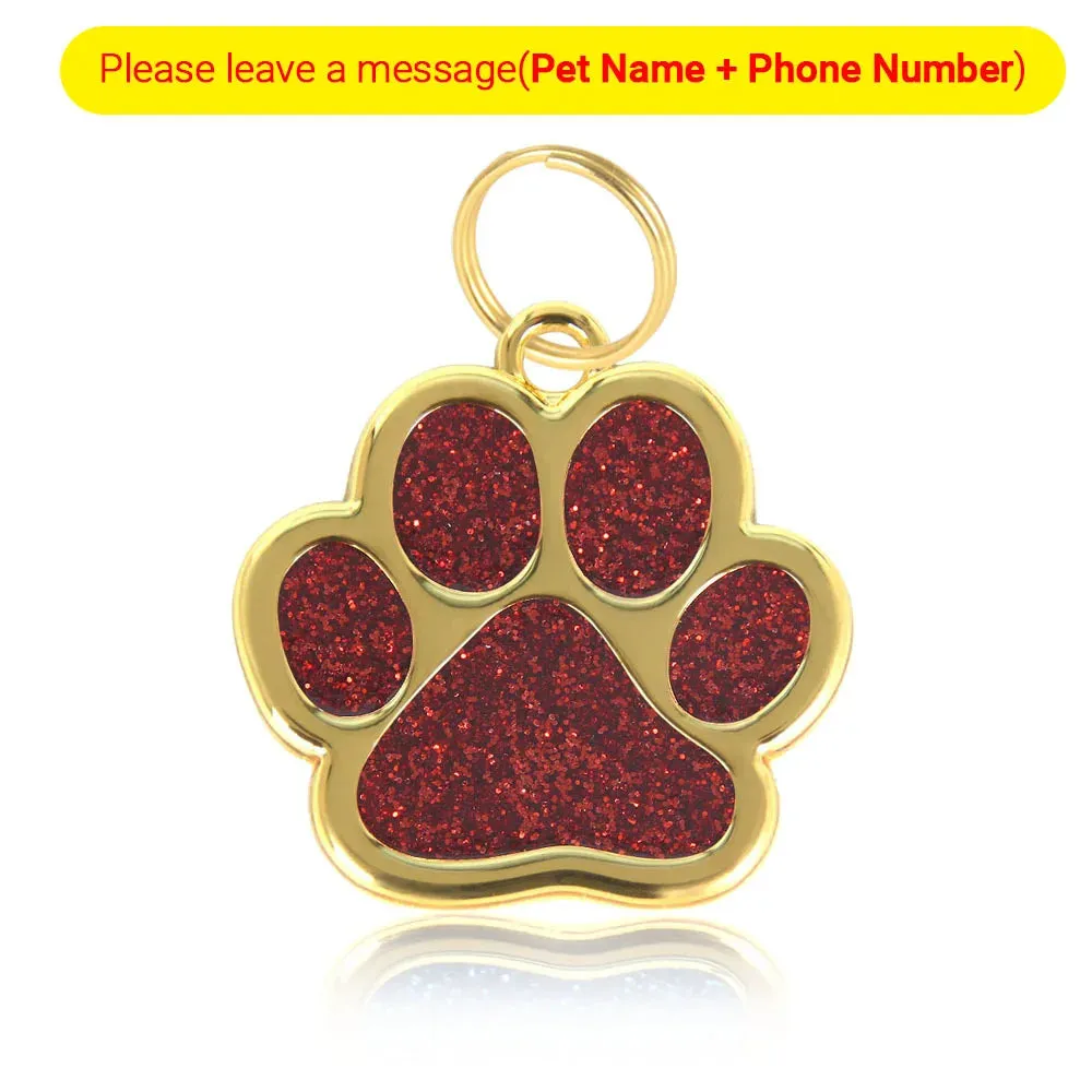 Personalized Pet ID Collar Tags - Custom Engraved Cat & Dog Name Necklace with Gold Paw Glitter Pendant