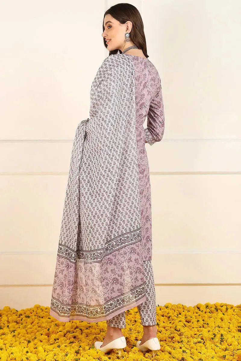 Pink Cotton Floral Printed Embroidered Straight Suit Set