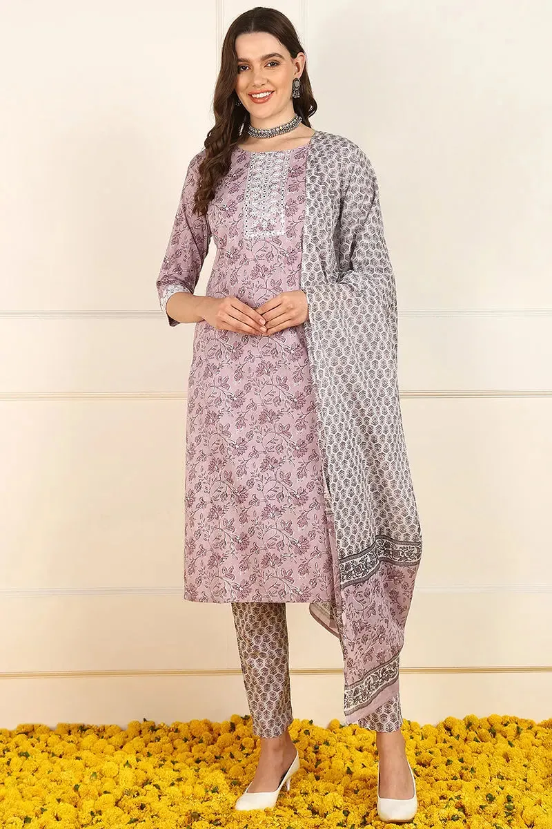 Pink Cotton Floral Printed Embroidered Straight Suit Set