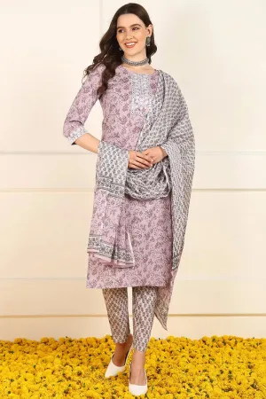 Pink Cotton Floral Printed Embroidered Straight Suit Set