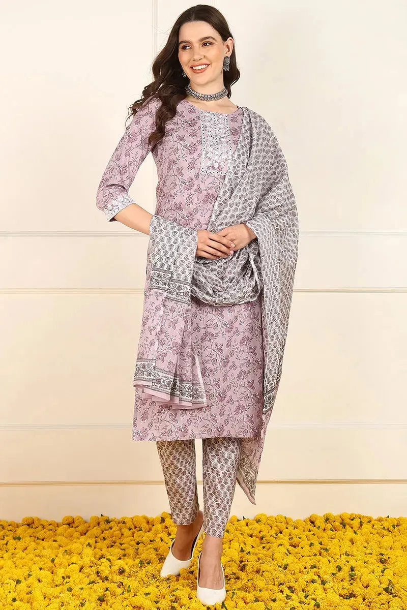 Pink Cotton Floral Printed Embroidered Straight Suit Set