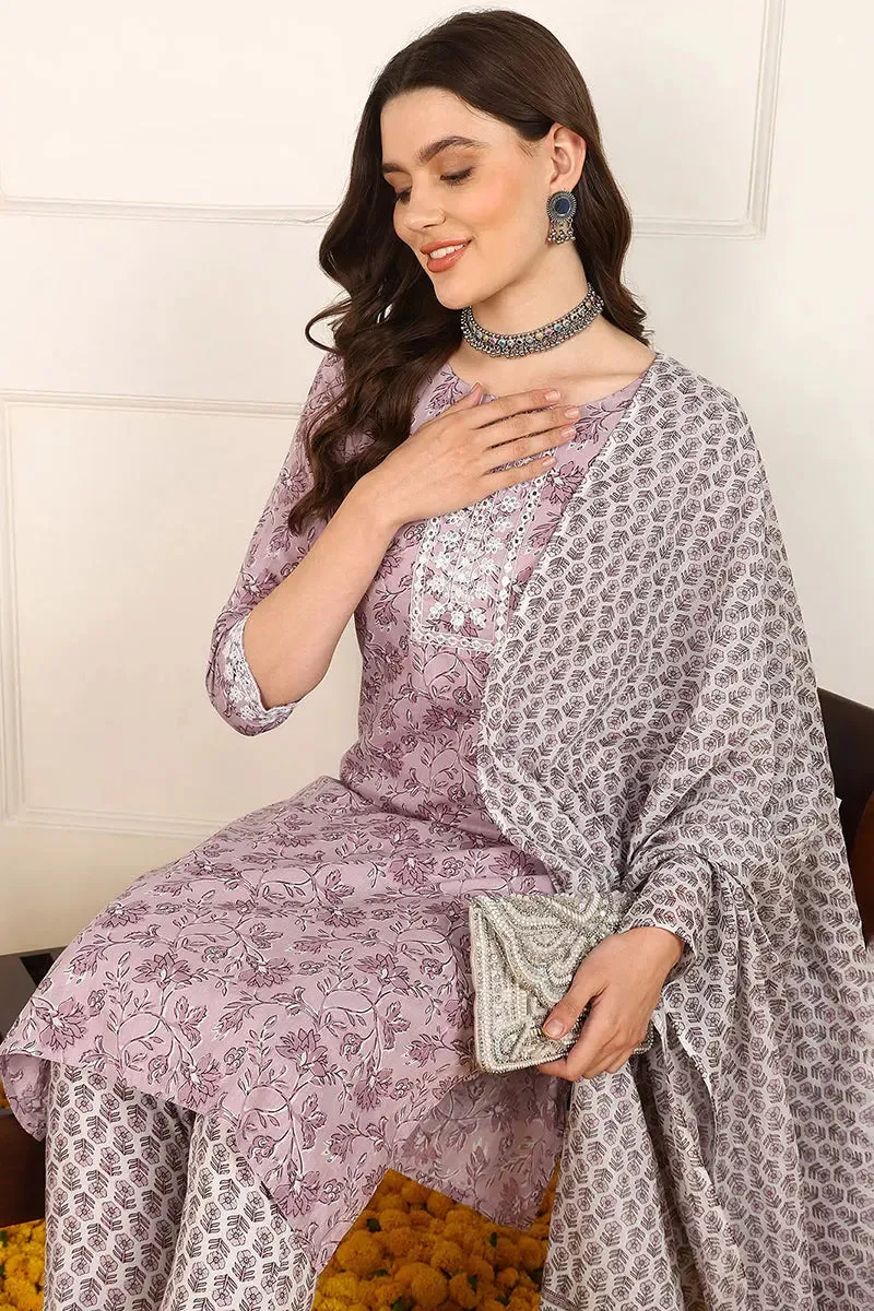 Pink Cotton Floral Printed Embroidered Straight Suit Set