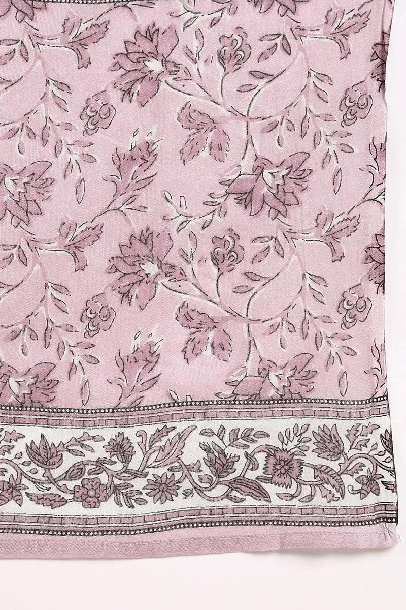 Pink Cotton Floral Printed Embroidered Straight Suit Set