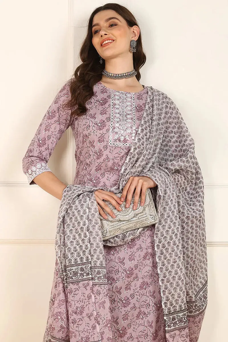Pink Cotton Floral Printed Embroidered Straight Suit Set
