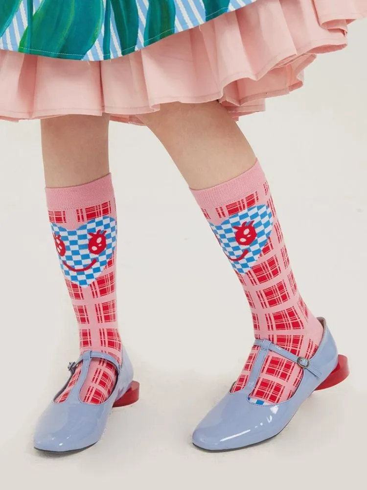 Pink plaid love smiley checkerboard socks【s0000002093】