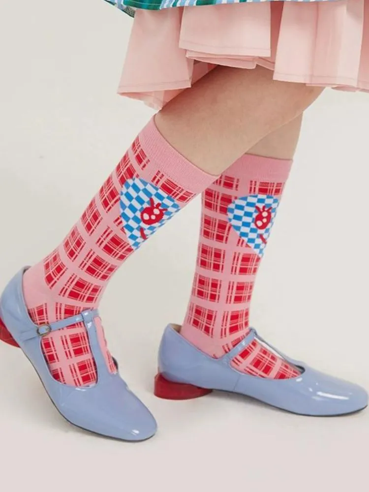 Pink plaid love smiley checkerboard socks【s0000002093】