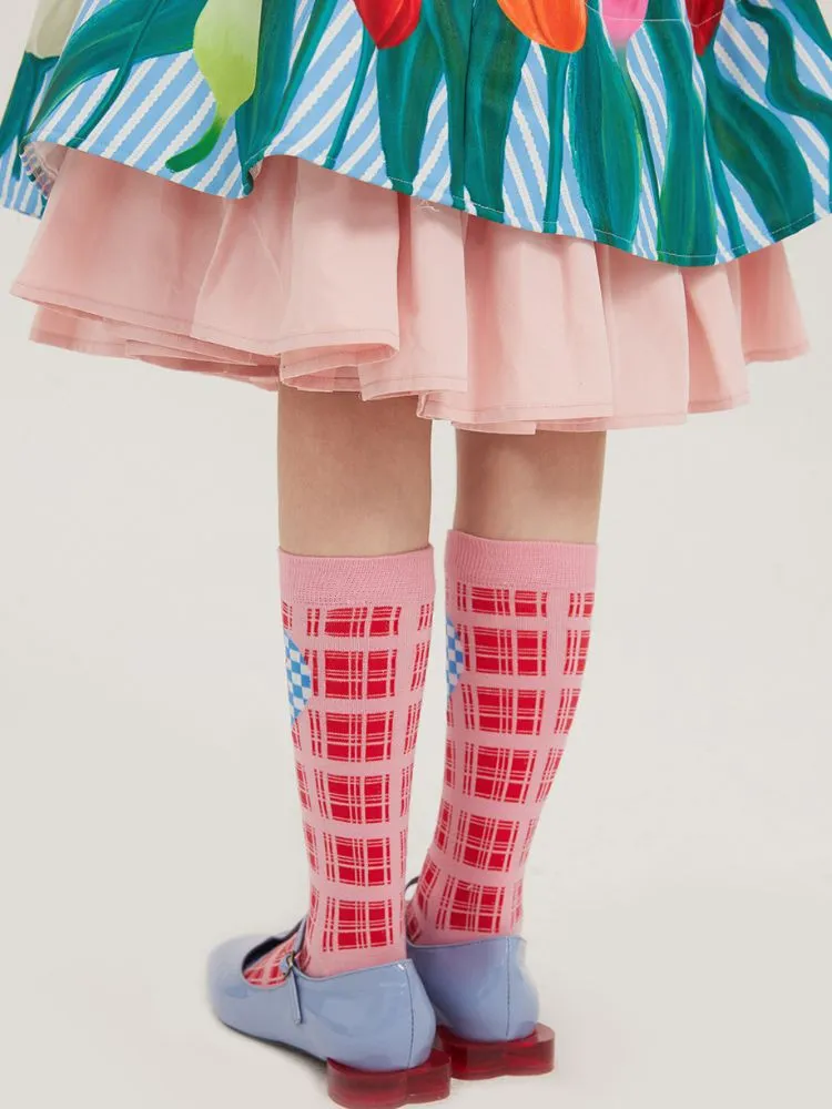 Pink plaid love smiley checkerboard socks【s0000002093】