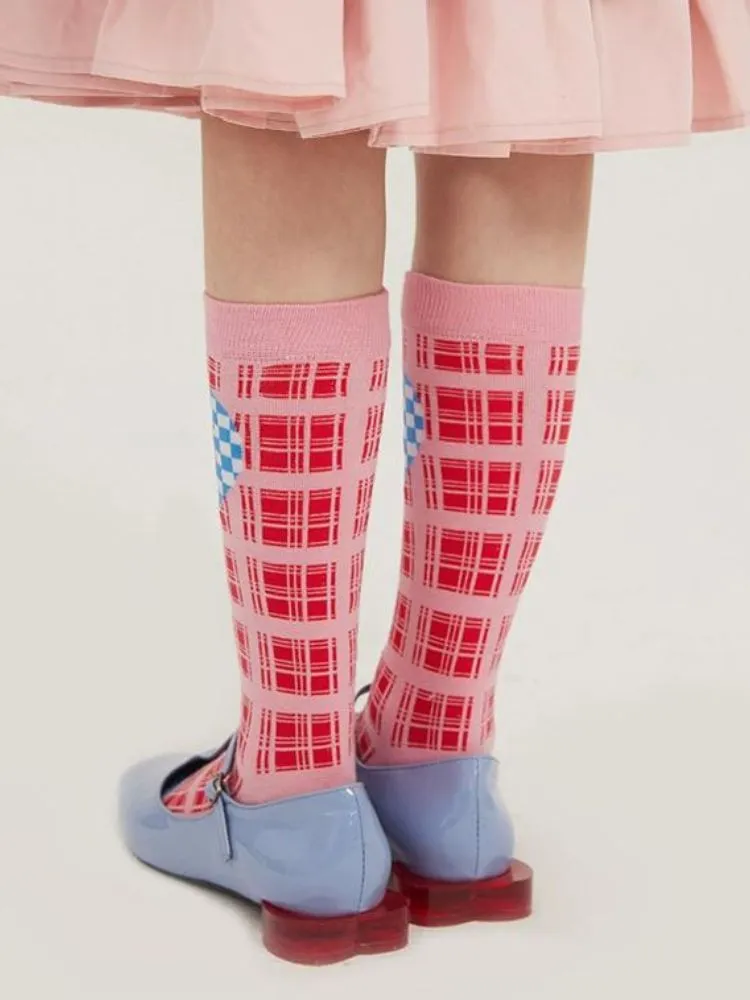 Pink plaid love smiley checkerboard socks【s0000002093】