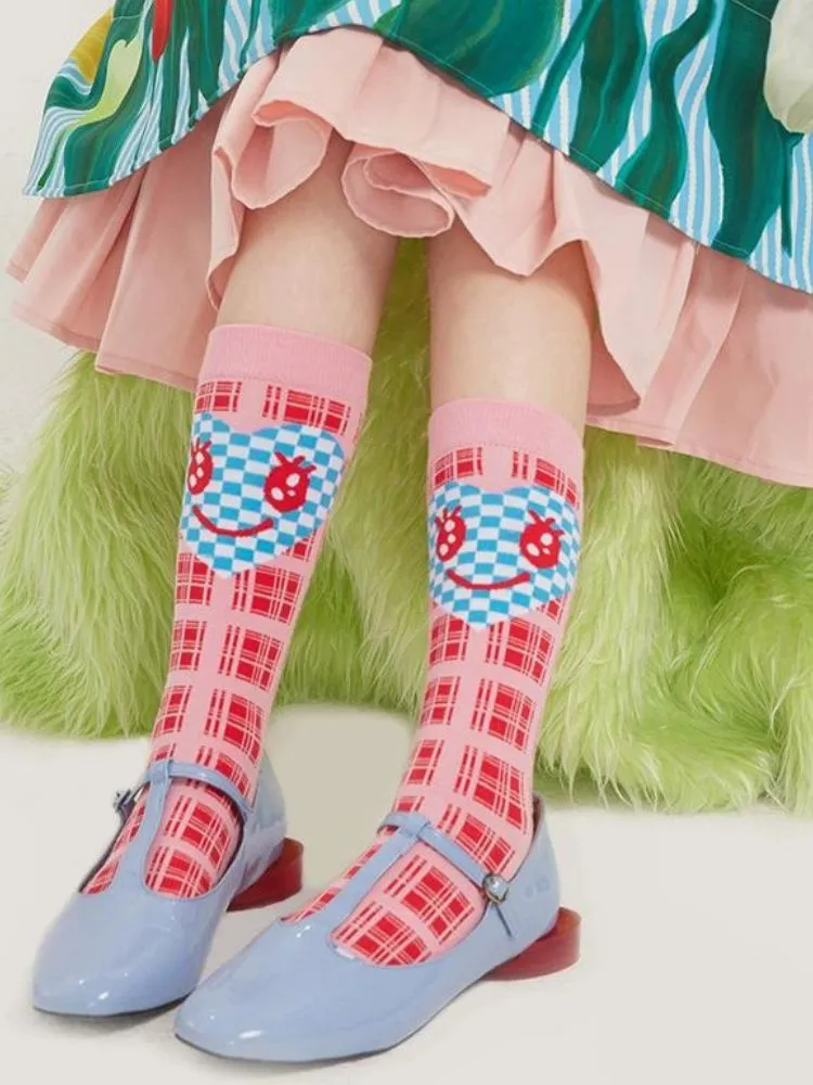 Pink plaid love smiley checkerboard socks【s0000002093】