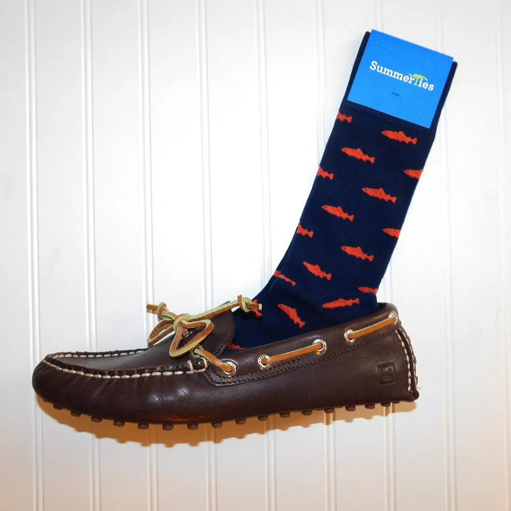 Trout Socks - Coral on Navy - Men's Mid Calf