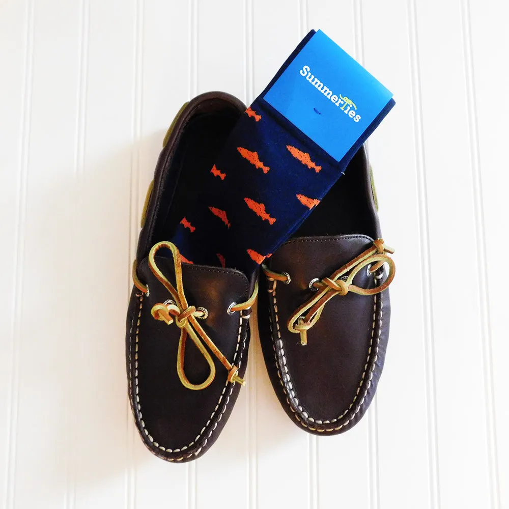Trout Socks - Coral on Navy - Men's Mid Calf