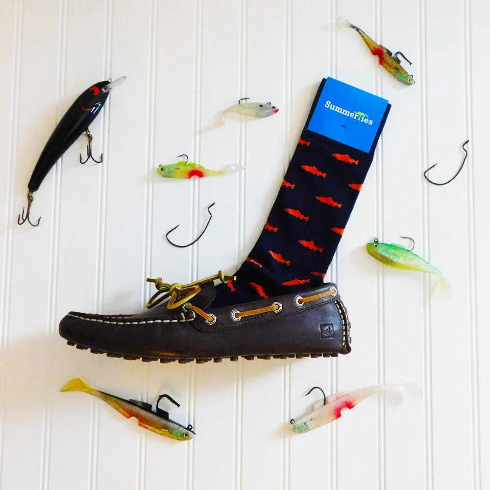 Trout Socks - Coral on Navy - Men's Mid Calf