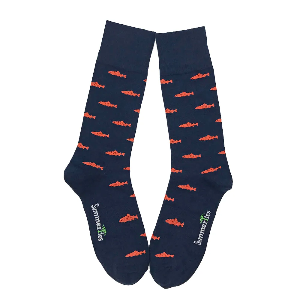 Trout Socks - Coral on Navy - Men's Mid Calf
