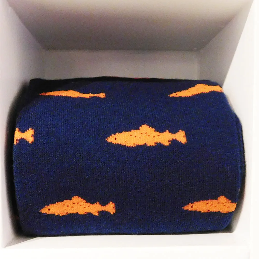 Trout Socks - Coral on Navy - Men's Mid Calf