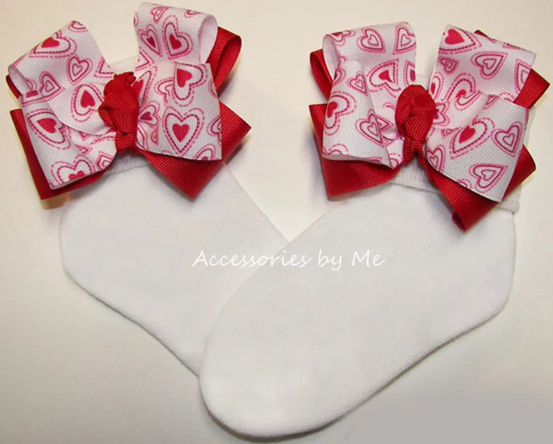 Valentine's Day Red White Hearts Bow Socks
