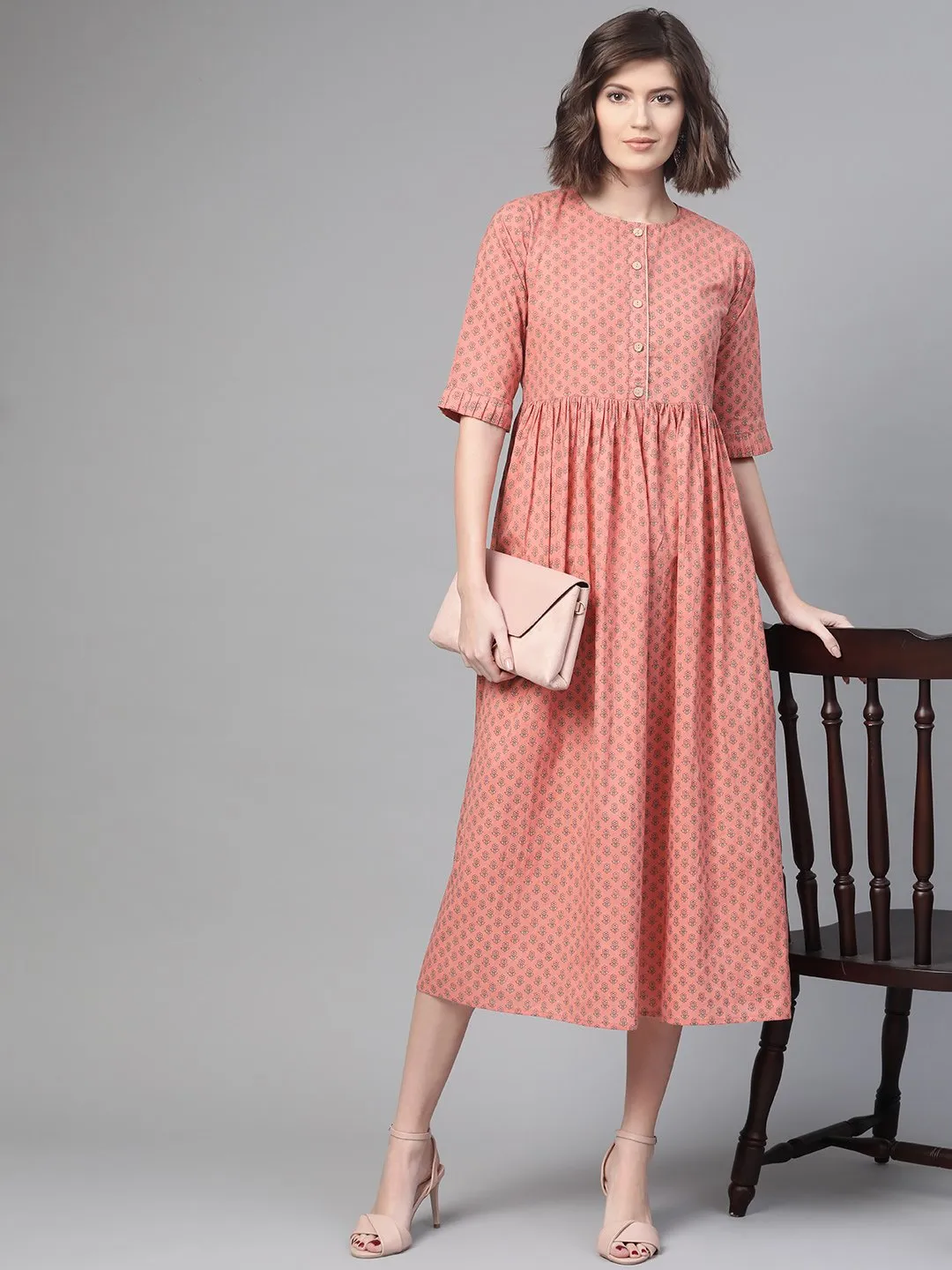 Women Peach & Floral Printed A-Line Dress