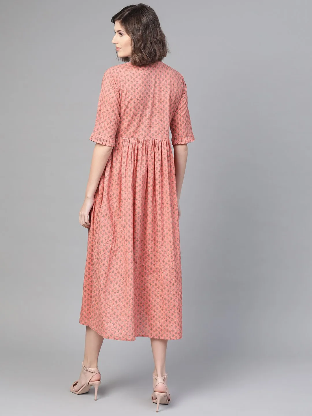 Women Peach & Floral Printed A-Line Dress