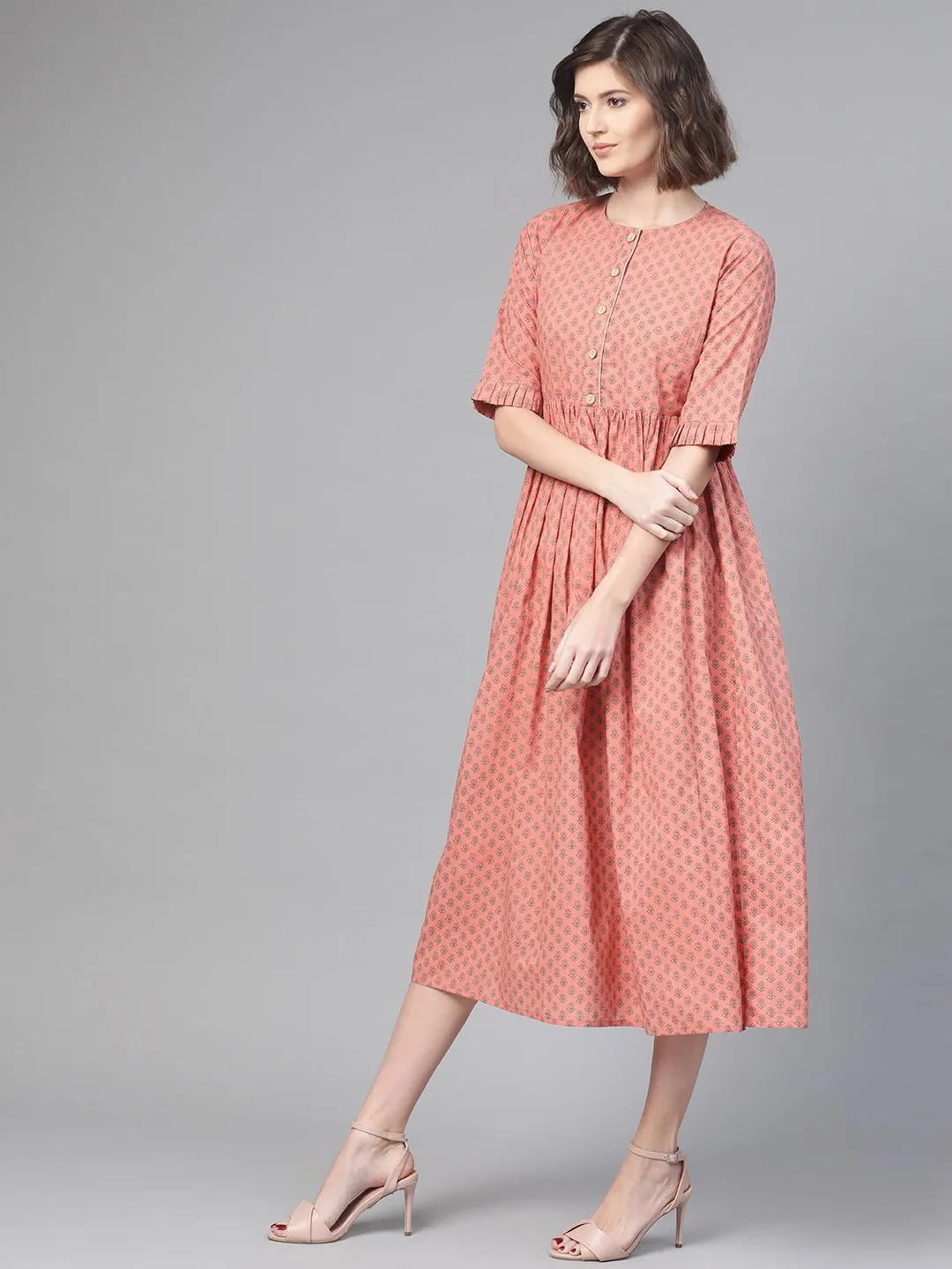 Women Peach & Floral Printed A-Line Dress