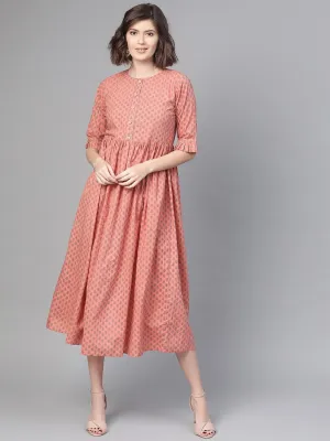 Women Peach & Floral Printed A-Line Dress