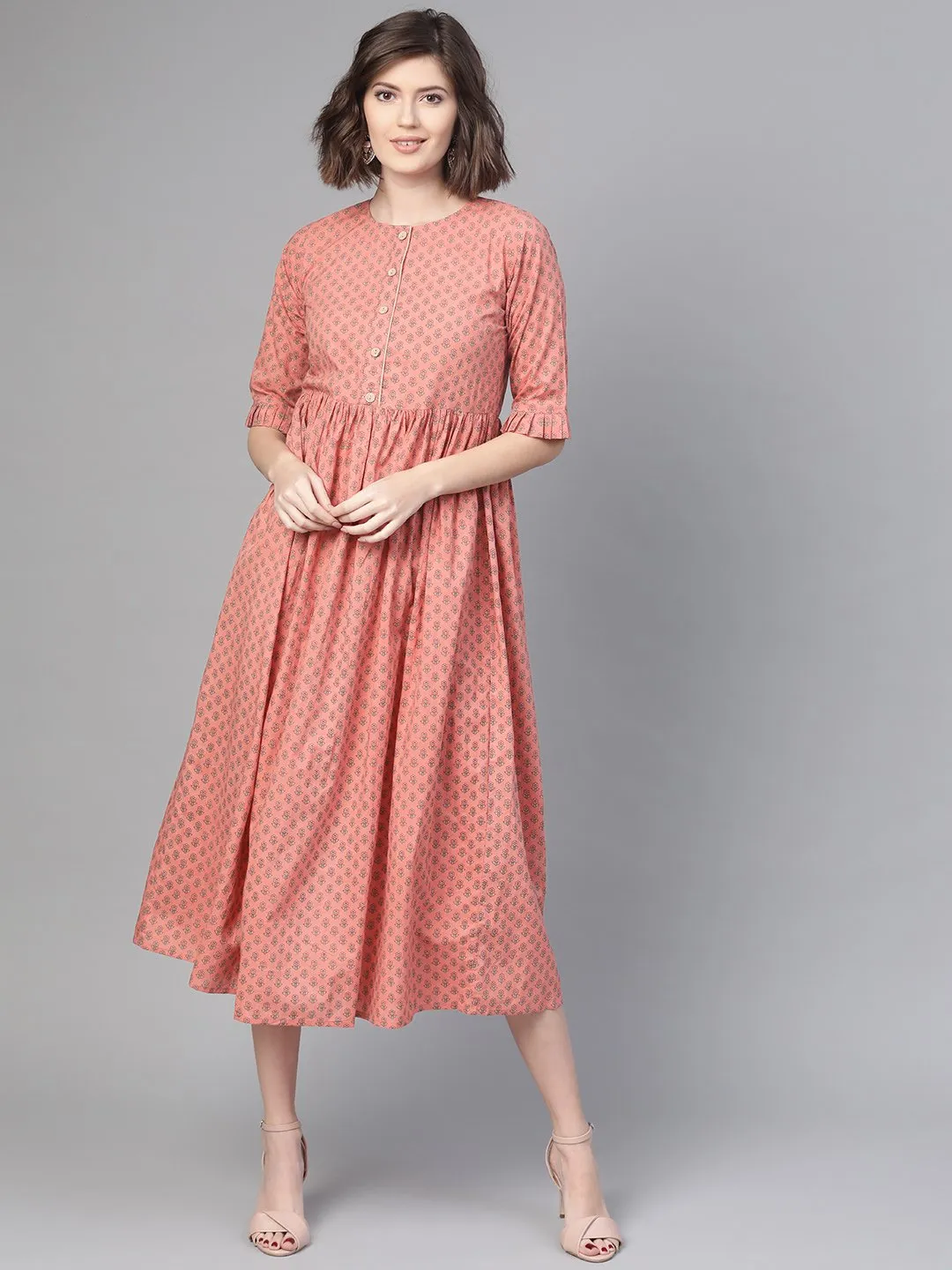 Women Peach & Floral Printed A-Line Dress
